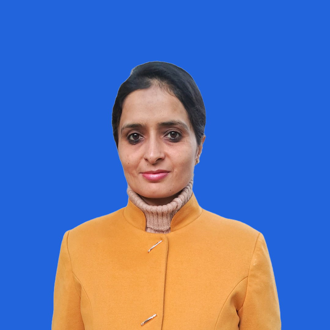 Headshot of female Amneet Saini placed on a blue background