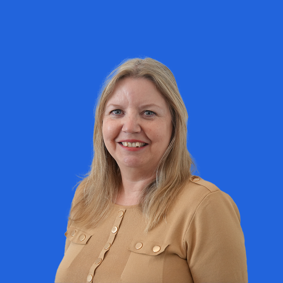 Headshot of female Fiona McGinley placed on a blue background